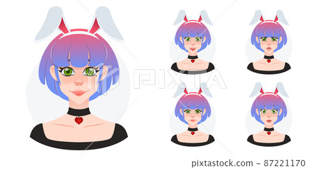 Pretty young woman cartoon avatar collection. Short hair beauty with rabbit ears acessory expressions set. Girl in wonderland. Gradient hairstyle 87221170