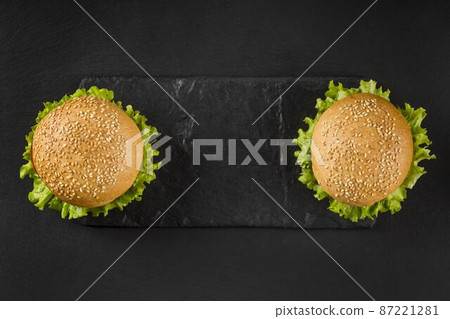 top view burgers slate board 87221281