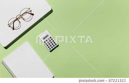 top view desk minimal glasses calculator 87221321