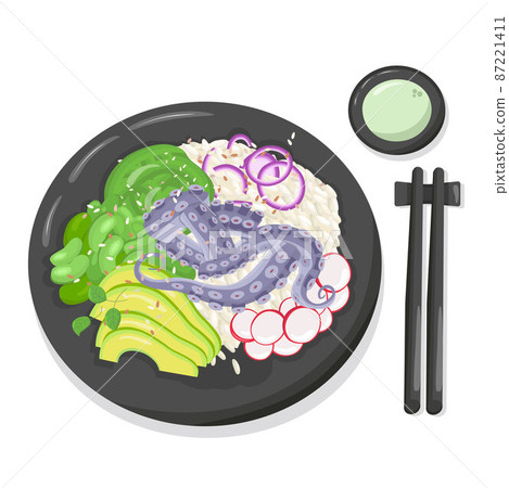 Octopus poke bowl illustration Hawaiian cuisine. Vector stock illustration isolated on white background for menu fast food restaurant with healthy, bio, organic meals. EPS10 87221411
