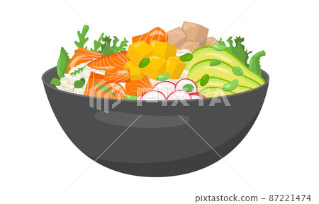 Vegetable and salmon poke bowl . Vector stock illustration isolated on white background for salad bar menu fast food restaurant with healthy, bio, organic meals. EPS10 87221474