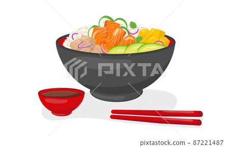 Salmon poke bowl with soya sauce, chopsticks illustration Hawaiian cuisine. Vector stock illustration isolated on white background for menu fast food restaurant with healthy, bio, organic meals. EPS10 87221487