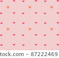 Pattern of pink hearts and golden yellow crowns on a light pink background, vector image 87222469