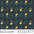 Pattern of yellow flowers and palm branches on a dark green background, vector image 87222477