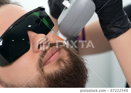 Young bearded man getting laser facial treatment by professional cosmetologist in a beauty clinic. Healthy man lifestyle concept Young bearded man getting laser facial treatment by professional cosmetologist in a beauty clinic. Healthy man lifestyle concept 87222549