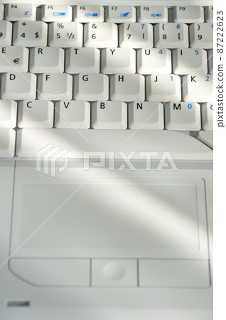 A white color laptop and Q keyboard detail 87222623