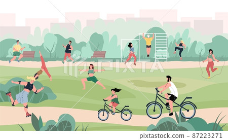 Cartoon flat characters doing various outdoor sport activities at city park,healthy sporty lifestyle vector illustration concept 87223271