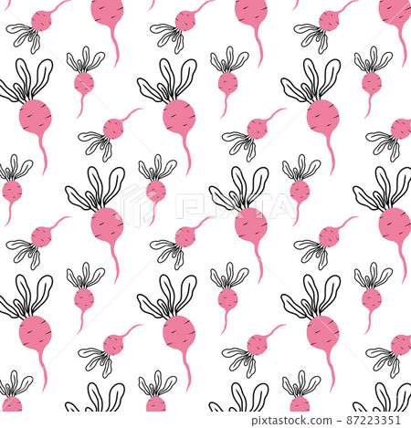 Seamless pattern with pink radish. Vector pattern in doodle style. Pattern with vegetables in doodle style. 87223351
