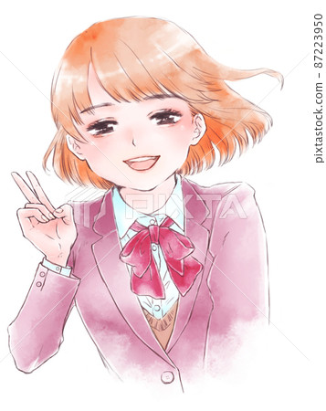 Peace sign schoolgirl / smile 87223950