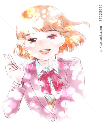Peace sign schoolgirl / smile & sunbeams 87223952