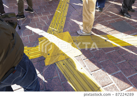 城市景觀、走在人行道上的人和盲文塊 87224289