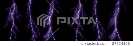 Lightning bolts isolated on black background. Thunder electric strike. Thunderstorm and lightning 87224366