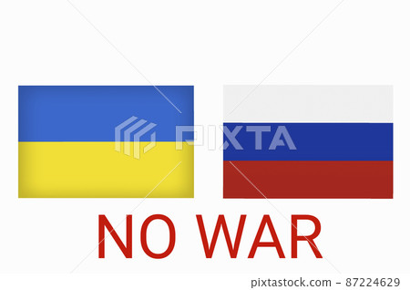Ukraine vs Russia in world war crisis concept. Clash and military war conflict between Ukrainian and Russian country and nation. Flags of the two countries. Peace, no war, stop them. Flag symbols 87224629