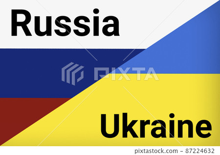 Ukraine vs Russia in world war crisis concept. Clash and military war conflict between Ukrainian and Russian country and nation. Flags of the two countries. Peace, no war, flag symbols 87224632