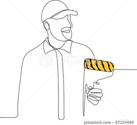 Painter wearing gloves painting wall using roller 87224999