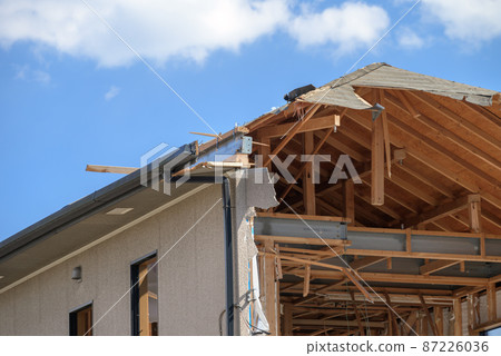 Blue sky and interior demolition of wooden house Blue sky and interior demolition of wooden house 87226036