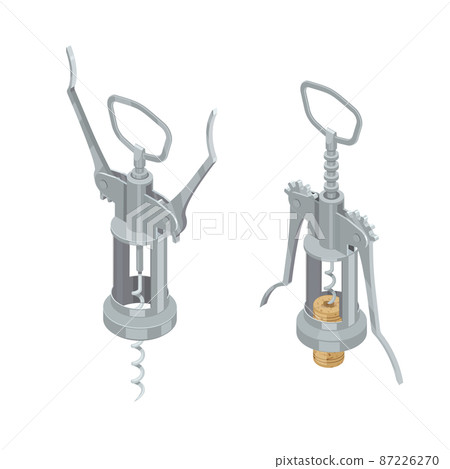 Classic metal corkscrew set with cork for opening wine isometric vector illustration isolated on white 87226270