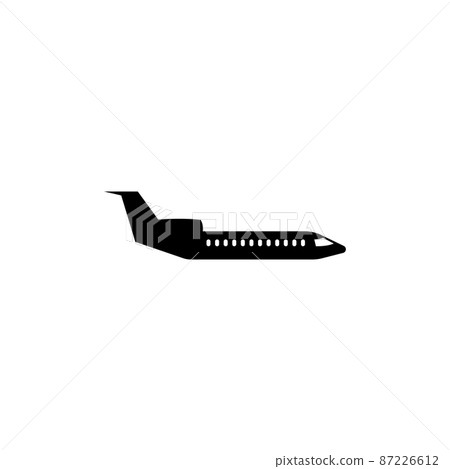 Passenger Jet, Fly Transport, Airplane. Flat Vector Icon illustration. Simple black symbol on white background. Passenger Jet Fly Transport Airplane sign design template for web and mobile UI element. 87226612