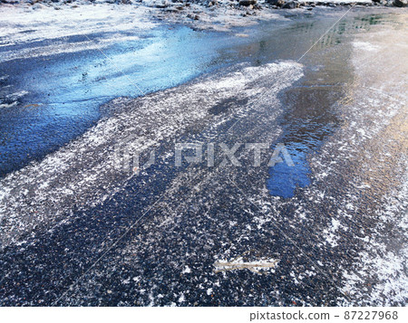 asphalt road covered with ice, slippery road winter 87227968