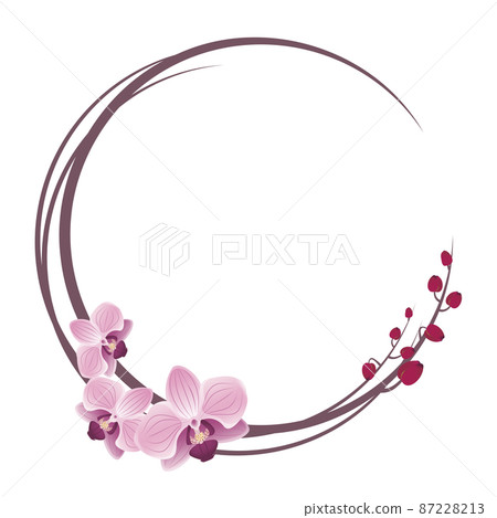 Delicate orchids blossom wreath or round frame with pink flowers. Spring blooming composition with buds and branches. Festive decorations for wedding, holiday, postcard, poster. Vector illustration 87228213