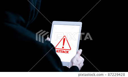 Hacker tablet cyber security. Digital mobile phone in hacker man hand isolated on black banner. Internet web hack technology. Data protection, secured internet access, cybersecurity. 87229428