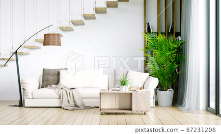 Modern beautiful interior of the room with light walls, large windows and stylish furniture. Bright design in Scandinavian style. 3D rendering 87231208