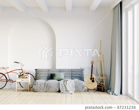 Modern beautiful interior of the room with light walls, large windows and stylish furniture. Bright design in Scandinavian style. 3D rendering Modern beautiful interior of the room with light walls, large windows and stylish furniture. Bright design in Scandinavian style. 3D rendering 87231238
