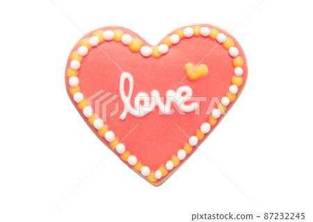 Red Heart Shaped Cookie with Royal Icing Isolated on White Background 87232245