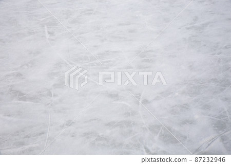 Ice background with marks from skating and hockey, blue texture of rink surface with many scratches Ice background with marks from skating and hockey, blue texture of rink surface with many scratches 87232946