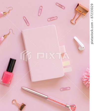 Hardcover notebook and Pink school girly accessories on pastel pink Top view, mockup Hardcover notebook and Pink school girly accessories on pastel pink Top view, mockup 87233029