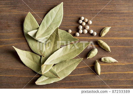 top view bay leaves with pepper top view bay leaves with pepper 87233389