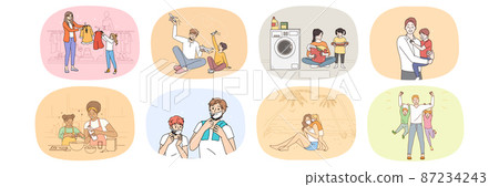 Set of smiling parents spend time with kids  87234243