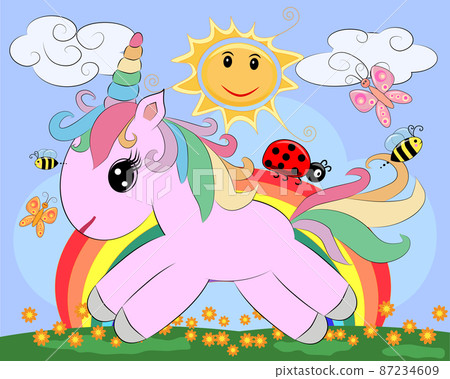 A little pink cute cartoon Unicorn on a clearing with a rainbow, flowers, sun. Postcard, spring, magic 87234609
