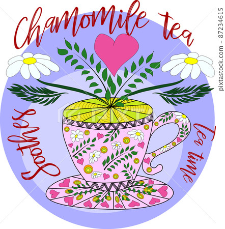 Cup of hot camomile tea and stem with leaves and flowers. Chamomile stem with leaves and flowers. 87234615