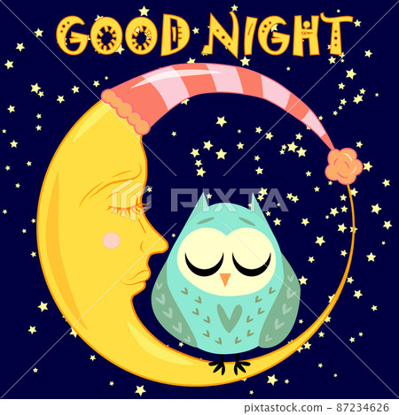 Good night. Postcard with a dormant crescent, a cute cartoon owl and text. Good night. Postcard with a dormant crescent, a cute cartoon owl and text. 87234626