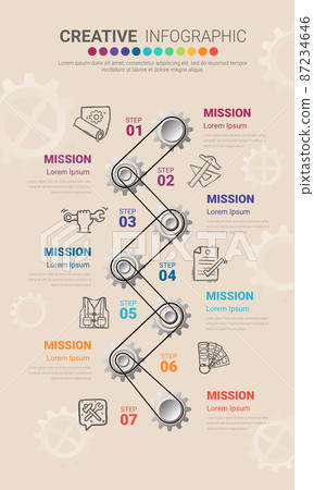 Industry presentation model with gears cogwheels 7 steps. Concept of coordinated work, mechanical process, functioning mechanism. Modern infographic design template.  87234646