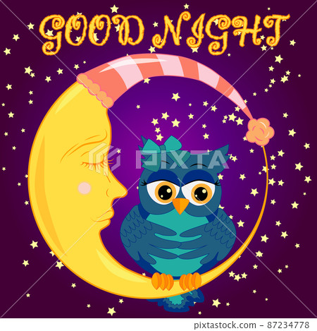 Good night card with sleeping moon and cute owl. Cute cartoon owl coquettish sitting dormant on the crescent against the night sky with stars Good night card with sleeping moon and cute owl. Cute cartoon owl coquettish sitting dormant on the crescent against the night sky with stars 87234778