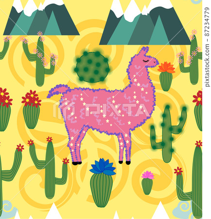 seamless pattern with cute cartoon llama alpaca with cactus and design elements in flat cartoon style. seamless pattern with cute cartoon llama alpaca with cactus and design elements in flat cartoon style. 87234779