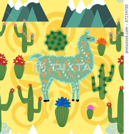 seamless pattern with cute cartoon llama alpaca with cactus and design elements in flat cartoon style. 87234780