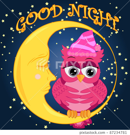 A sad lonely pink cartoon owl with a bow can not sleep at night, sitting on a sleeping moon among the stars. Concept of insomnia A sad lonely pink cartoon owl with a bow can not sleep at night, sitting on a sleeping moon among the stars. Concept of insomnia 87234781