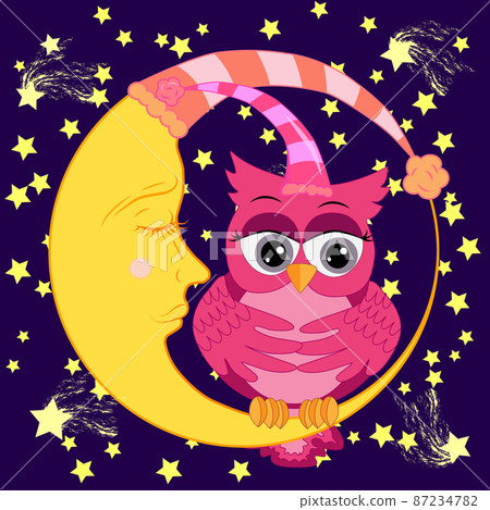 A sweet cartoon pink owl in a sleeping cap relaxes sitting on a sleeping sickle of the moon among a dark night sky and stars A sweet cartoon pink owl in a sleeping cap relaxes sitting on a sleeping sickle of the moon among a dark night sky and stars 87234782