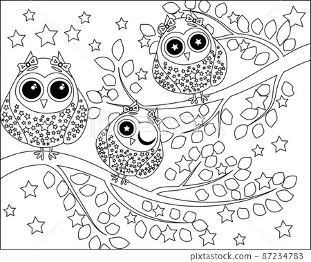 Coloring book for adult and older children. Coloring page with cute owl and floral. Coloring book for adult and older children. Coloring page with cute owl and floral. 87234783