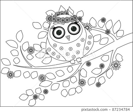 Coloring book for adult and older children. Coloring page with cute owl and floral. 87234784