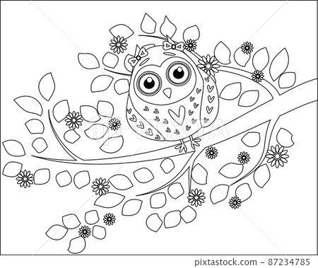 Coloring book for adult and older children. Coloring page with cute owl and floral. Coloring book for adult and older children. Coloring page with cute owl and floral. 87234785