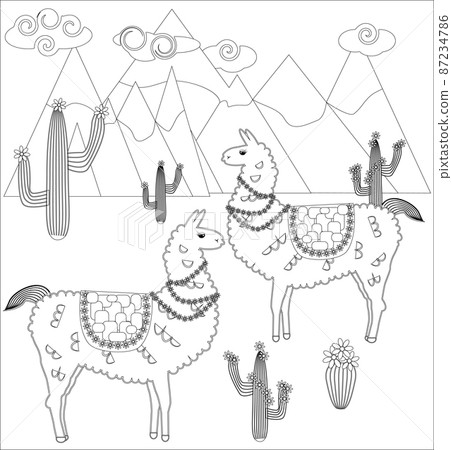 Coloring page of cartoon lama. Lama, coloring for adults and children 87234786