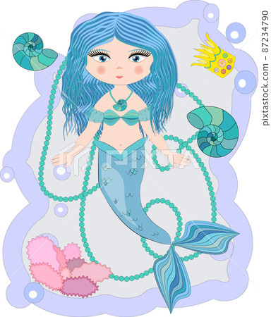 Cartoon, cute little mermaid, sea princess, siren, with blue hair, open eyes and a forked tail 87234790