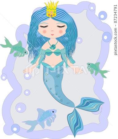 Cartoon, cute little mermaid, sea princess, siren, with blue hair, closed eyes and forked tail 87234791