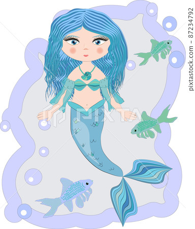 Cartoon, cute little mermaid, sea princess, siren, with blue hair, open eyes and a forked tail Cartoon, cute little mermaid, sea princess, siren, with blue hair, open eyes and a forked tail 87234792