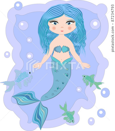 Cartoon, cute little mermaid, sea princess, siren, with blue hair, open eyes and a forked tail 87234793