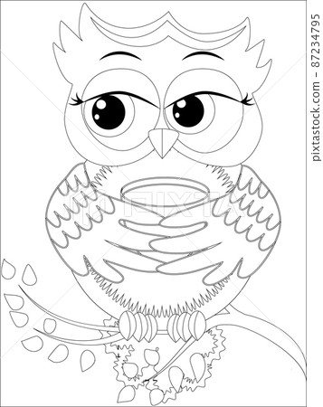 Coloring book for adult and older children. Coloring page with cute owl. Outline drawing Coloring book for adult and older children. Coloring page with cute owl. Outline drawing 87234795